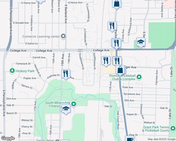 map of restaurants, bars, coffee shops, grocery stores, and more near 555 Southtowne Pl in South Milwaukee
