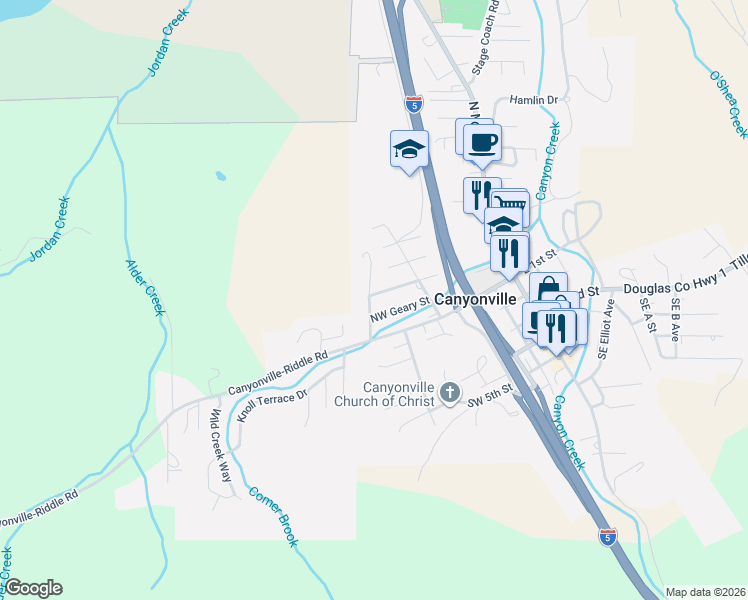 map of restaurants, bars, coffee shops, grocery stores, and more near 611 Northwest Fairchild Street in Canyonville