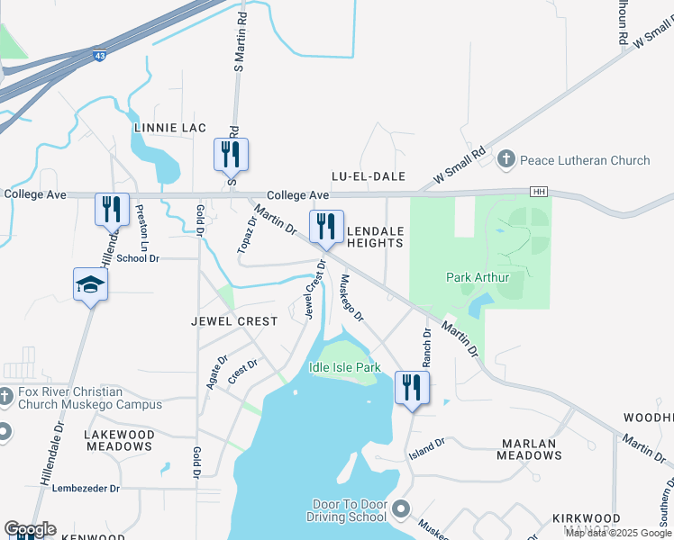 map of restaurants, bars, coffee shops, grocery stores, and more near S64W18295 Martin Drive in Muskego