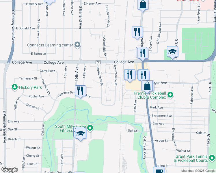map of restaurants, bars, coffee shops, grocery stores, and more near 555 Southtowne Pl in South Milwaukee