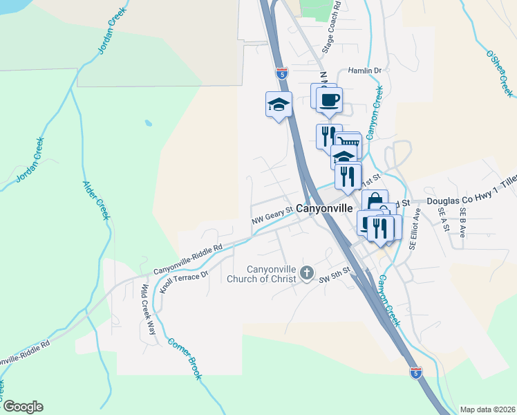 map of restaurants, bars, coffee shops, grocery stores, and more near 601 Northwest Fairchild Street in Canyonville