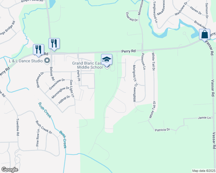 map of restaurants, bars, coffee shops, grocery stores, and more near 6100 Perry Road in Grand Blanc