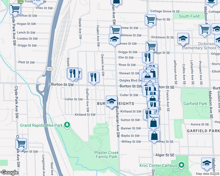 map of restaurants, bars, coffee shops, grocery stores, and more near 224 Burton Street Southwest in Grand Rapids