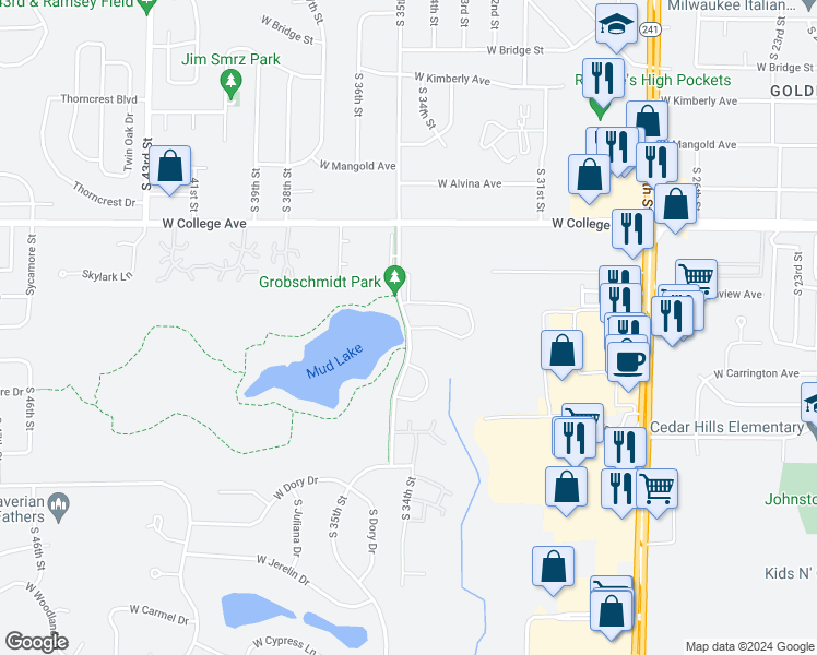 map of restaurants, bars, coffee shops, grocery stores, and more near 6388 South 35th Street in Franklin