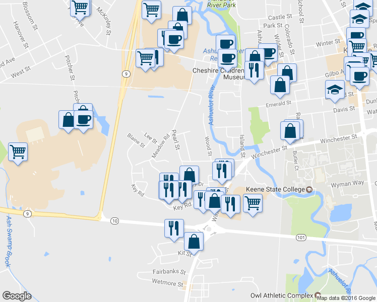 map of restaurants, bars, coffee shops, grocery stores, and more near 50 Crescent Street in Keene