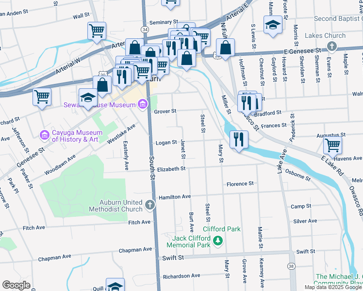 map of restaurants, bars, coffee shops, grocery stores, and more near 223 Janet Street in Auburn