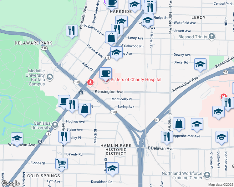 map of restaurants, bars, coffee shops, grocery stores, and more near 66 Monticello Place in Buffalo