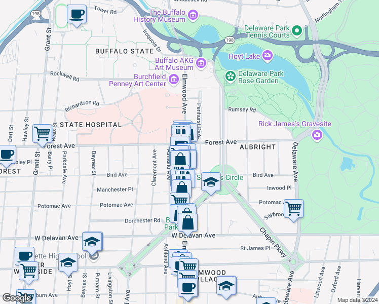 map of restaurants, bars, coffee shops, grocery stores, and more near 34 Granger Place in Buffalo