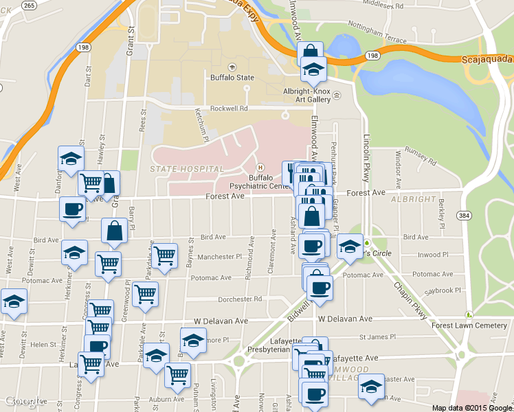 map of restaurants, bars, coffee shops, grocery stores, and more near 865 Richmond Avenue in Buffalo