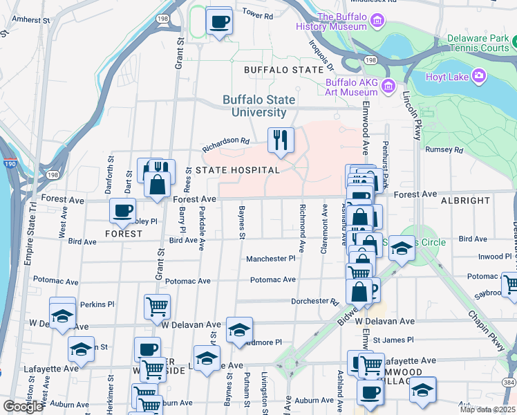 map of restaurants, bars, coffee shops, grocery stores, and more near 31 Abbottsford Place in Buffalo