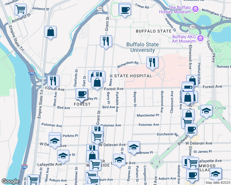 map of restaurants, bars, coffee shops, grocery stores, and more near 37 Barry Place in Buffalo