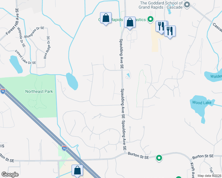 map of restaurants, bars, coffee shops, grocery stores, and more near 2059 Jennydale Court Southeast in Grand Rapids