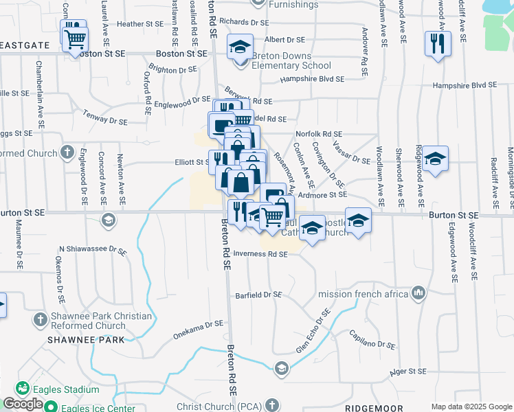 map of restaurants, bars, coffee shops, grocery stores, and more near 2460 Burton Street Southeast in Grand Rapids