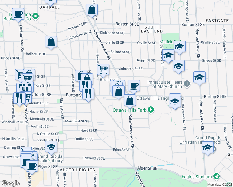 map of restaurants, bars, coffee shops, grocery stores, and more near 1332 Burton Street Southeast in Grand Rapids