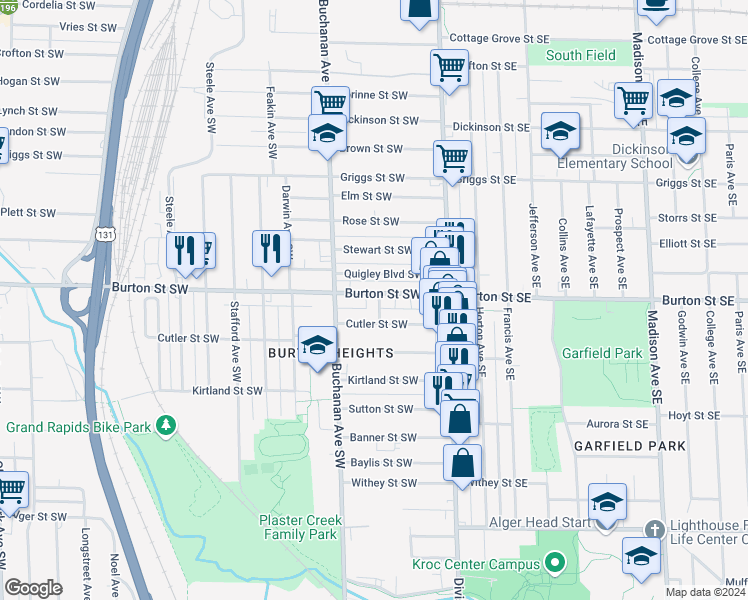 map of restaurants, bars, coffee shops, grocery stores, and more near 73 Cutler Street Southwest in Grand Rapids