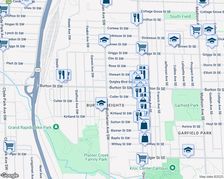 map of restaurants, bars, coffee shops, grocery stores, and more near 131 Cutler Street Southwest in Grand Rapids