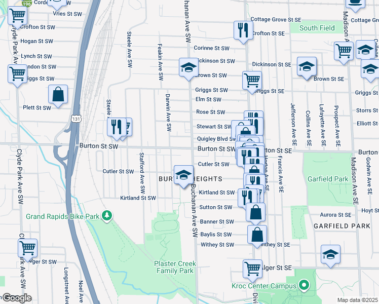 map of restaurants, bars, coffee shops, grocery stores, and more near 224 Burton Street Southwest in Grand Rapids