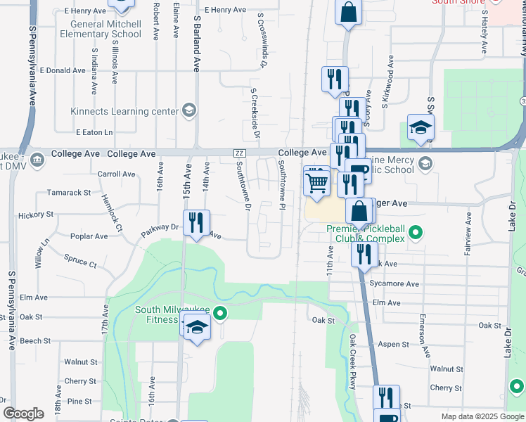 map of restaurants, bars, coffee shops, grocery stores, and more near 555 Southtowne Pl in South Milwaukee