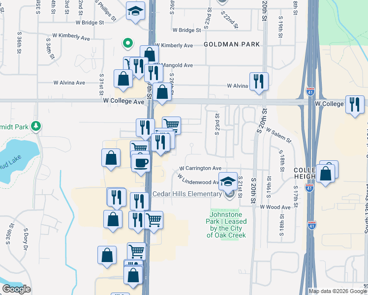 map of restaurants, bars, coffee shops, grocery stores, and more near 6460 Crabapple Court in Oak Creek