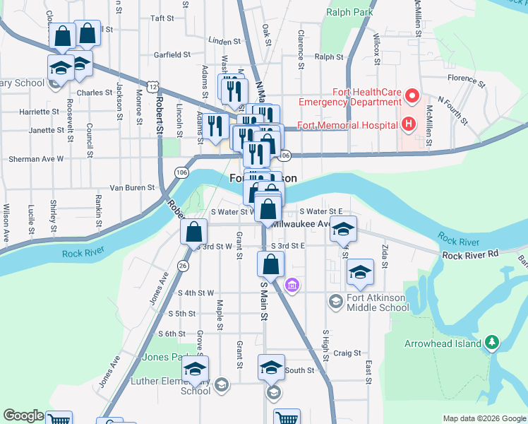 map of restaurants, bars, coffee shops, grocery stores, and more near 104 South Main Street in Fort Atkinson
