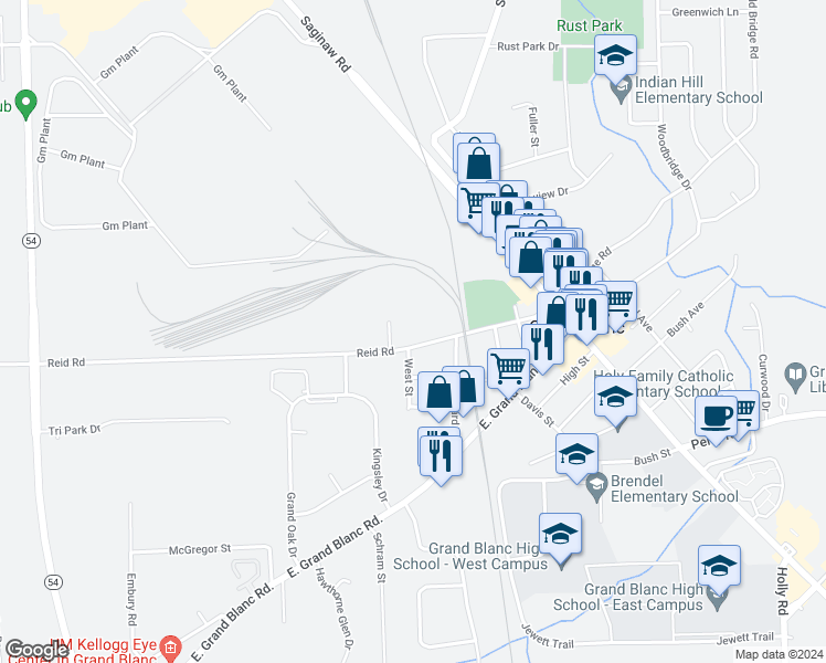 map of restaurants, bars, coffee shops, grocery stores, and more near 338 East Reid Road in Grand Blanc