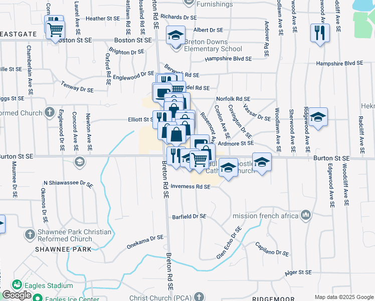 map of restaurants, bars, coffee shops, grocery stores, and more near 2465 Burton Street Southeast in Grand Rapids