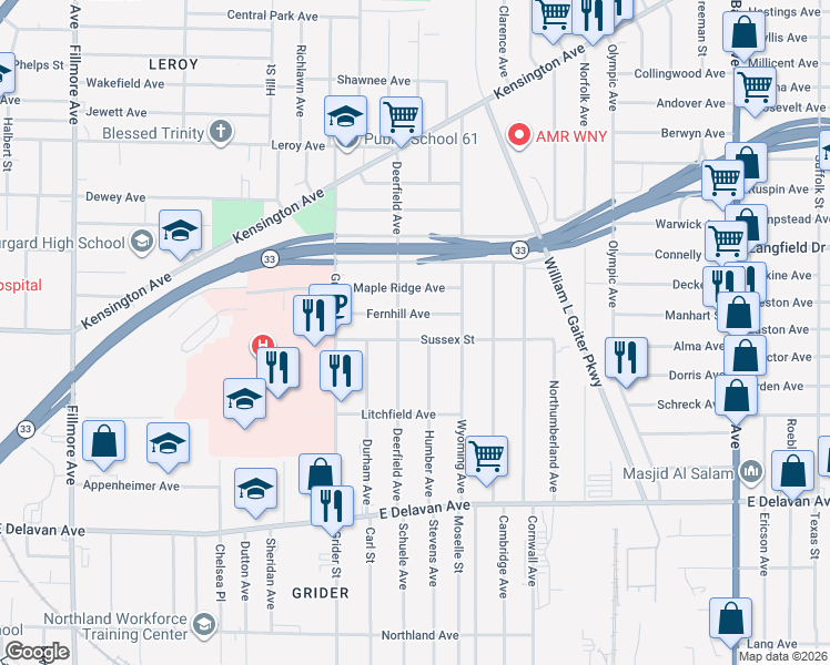 map of restaurants, bars, coffee shops, grocery stores, and more near in Buffalo