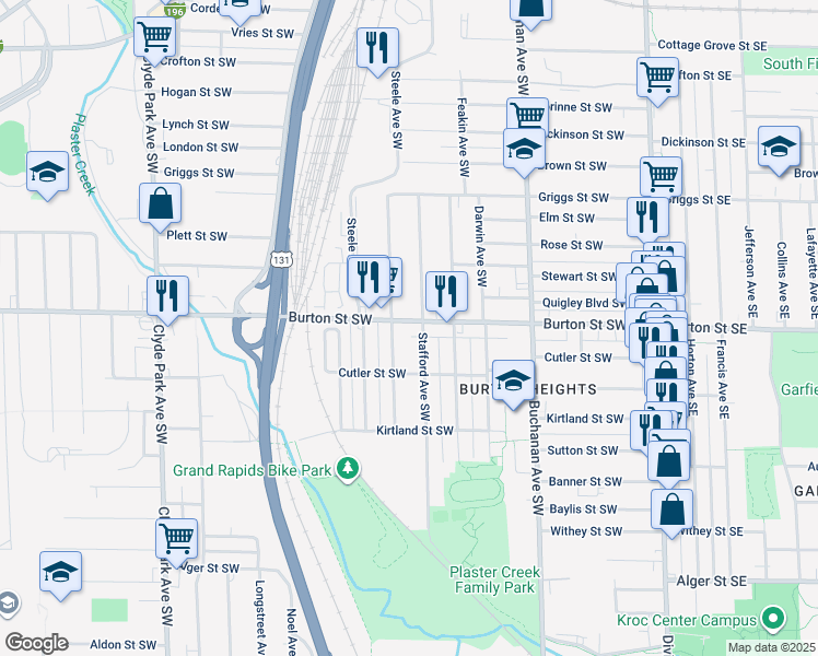 map of restaurants, bars, coffee shops, grocery stores, and more near 410 Burton Street Southwest in Grand Rapids