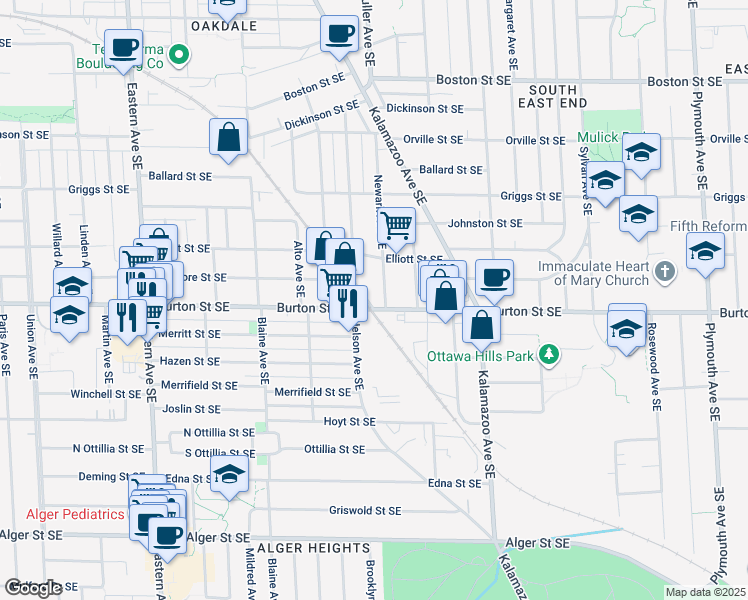 map of restaurants, bars, coffee shops, grocery stores, and more near 1200 Burton Street Southeast in Grand Rapids