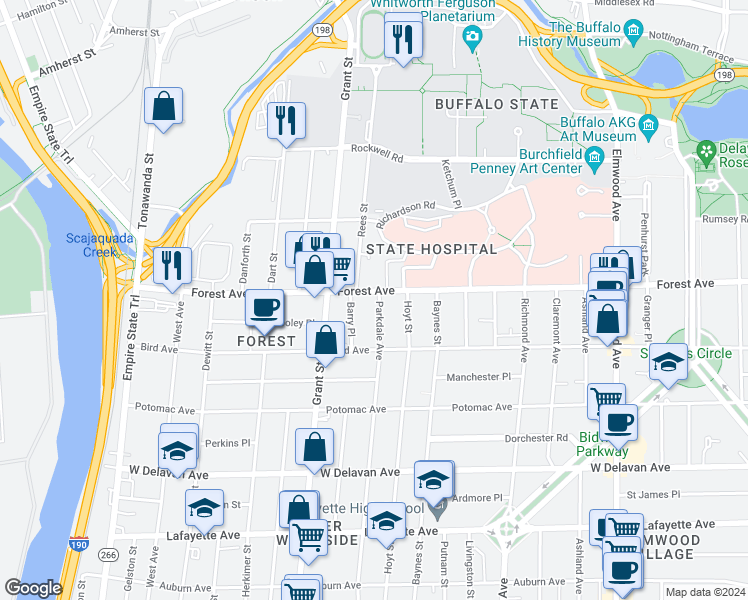 map of restaurants, bars, coffee shops, grocery stores, and more near 440 Parkdale Avenue in Buffalo
