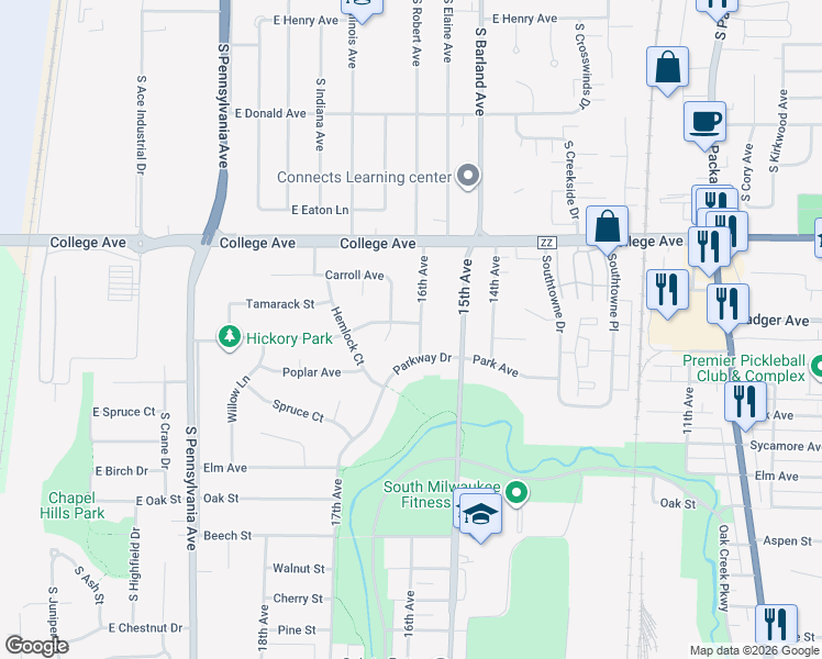 map of restaurants, bars, coffee shops, grocery stores, and more near 304 Parkway Drive in South Milwaukee