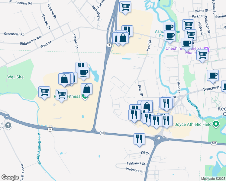 map of restaurants, bars, coffee shops, grocery stores, and more near 123 Meadow Road in Keene