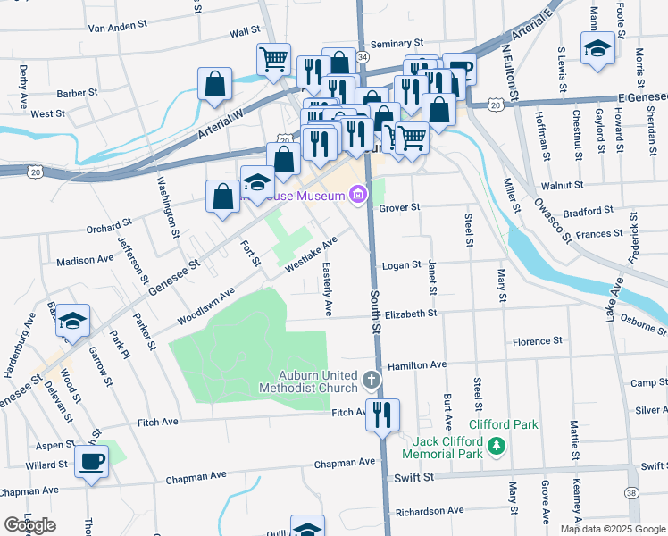 map of restaurants, bars, coffee shops, grocery stores, and more near 20 Easterly Avenue in Auburn