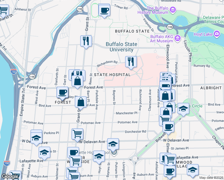 map of restaurants, bars, coffee shops, grocery stores, and more near 426 Baynes Street in Buffalo