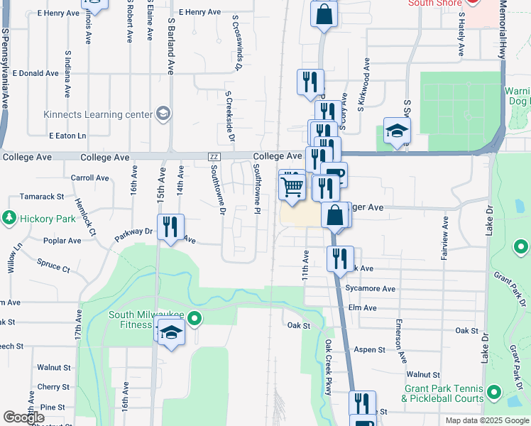 map of restaurants, bars, coffee shops, grocery stores, and more near 319 Southtowne Place in South Milwaukee