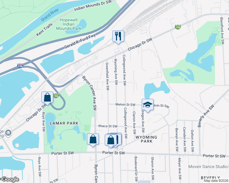map of restaurants, bars, coffee shops, grocery stores, and more near 2044 Wyoming Avenue Southwest in Wyoming