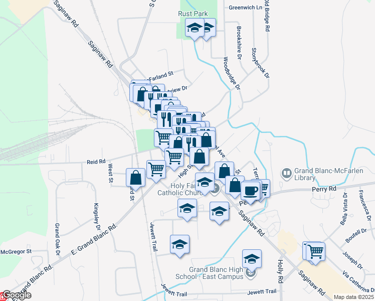 map of restaurants, bars, coffee shops, grocery stores, and more near in Grand Blanc