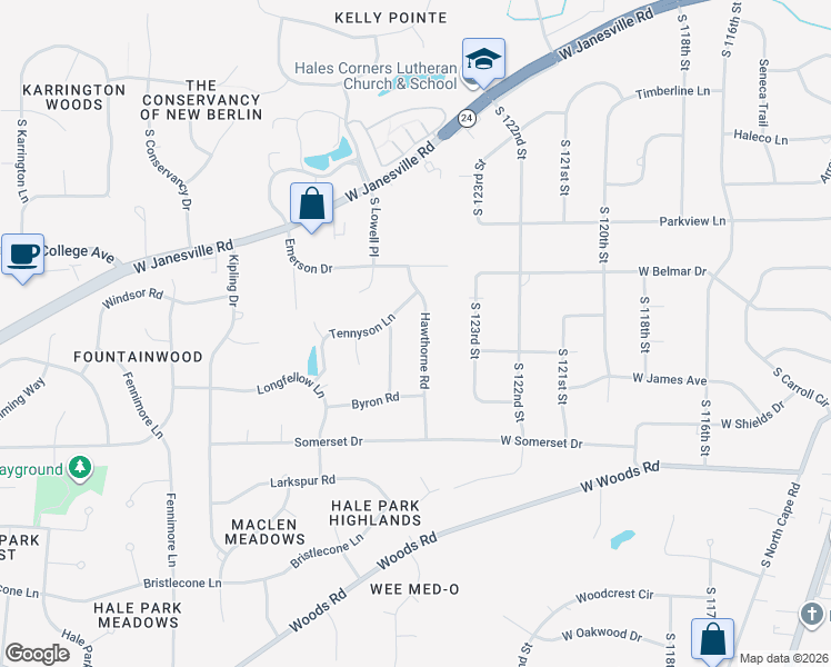 map of restaurants, bars, coffee shops, grocery stores, and more near W124S6491 Hawthorne Road in Muskego