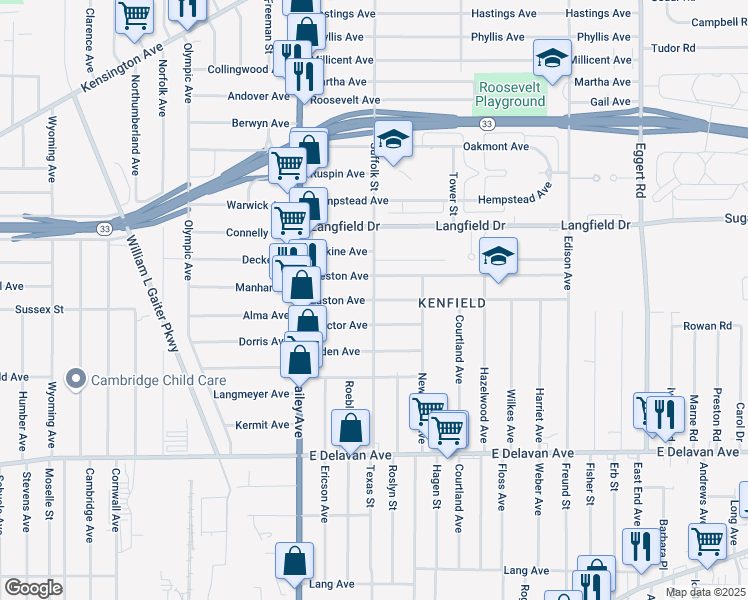 map of restaurants, bars, coffee shops, grocery stores, and more near Suffolk Street & Easton Avenue in Buffalo