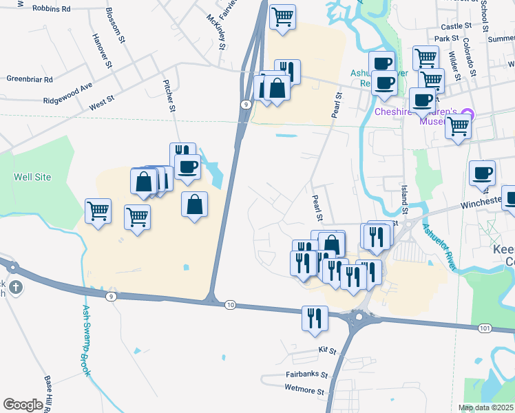 map of restaurants, bars, coffee shops, grocery stores, and more near 121 Meadow Road in Keene