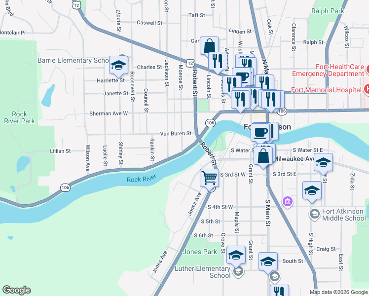 map of restaurants, bars, coffee shops, grocery stores, and more near 306 Milwaukee Avenue West in Fort Atkinson