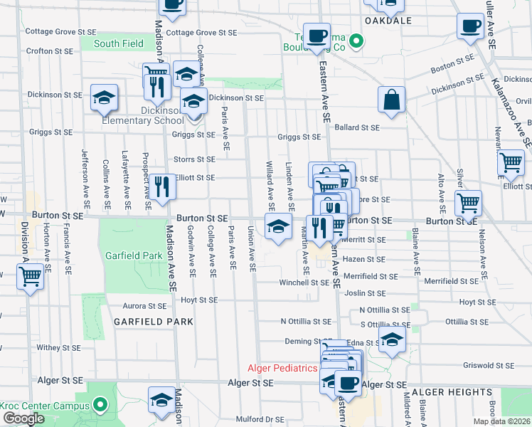 map of restaurants, bars, coffee shops, grocery stores, and more near 660 Burton Street Southeast in Grand Rapids