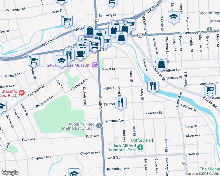 map of restaurants, bars, coffee shops, grocery stores, and more near 9-11 Logan Street in Auburn