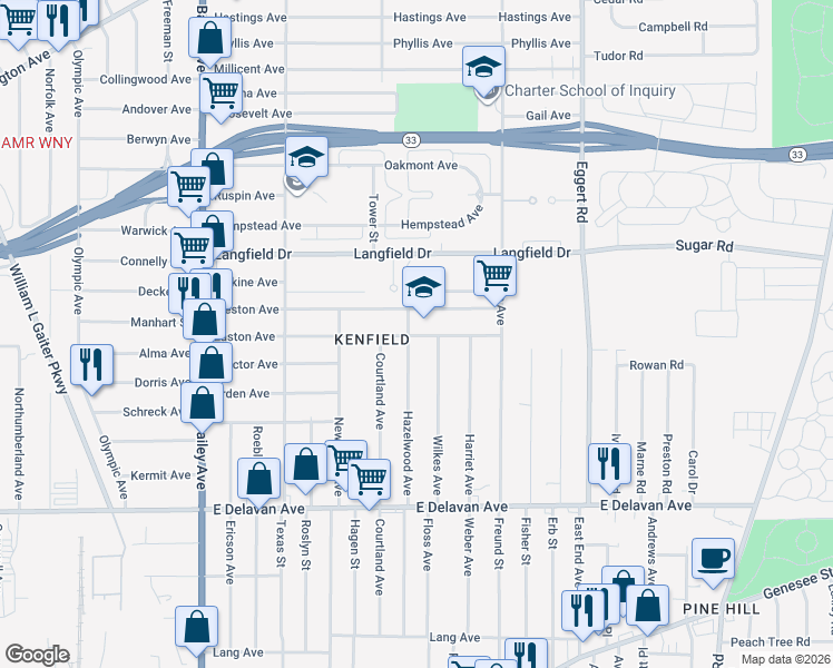 map of restaurants, bars, coffee shops, grocery stores, and more near 285 Hazelwood Avenue in Buffalo
