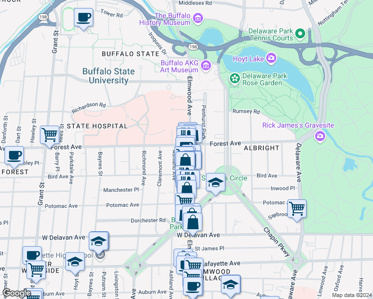 map of restaurants, bars, coffee shops, grocery stores, and more near 1092 Elmwood Avenue in Buffalo