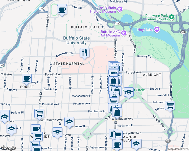 map of restaurants, bars, coffee shops, grocery stores, and more near 865 Richmond Avenue in Buffalo