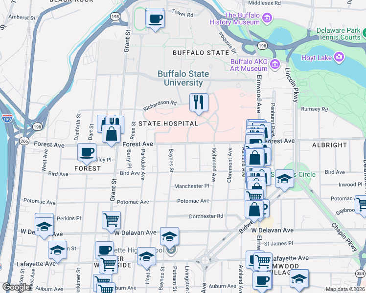 map of restaurants, bars, coffee shops, grocery stores, and more near 31 Abbottsford Place in Buffalo