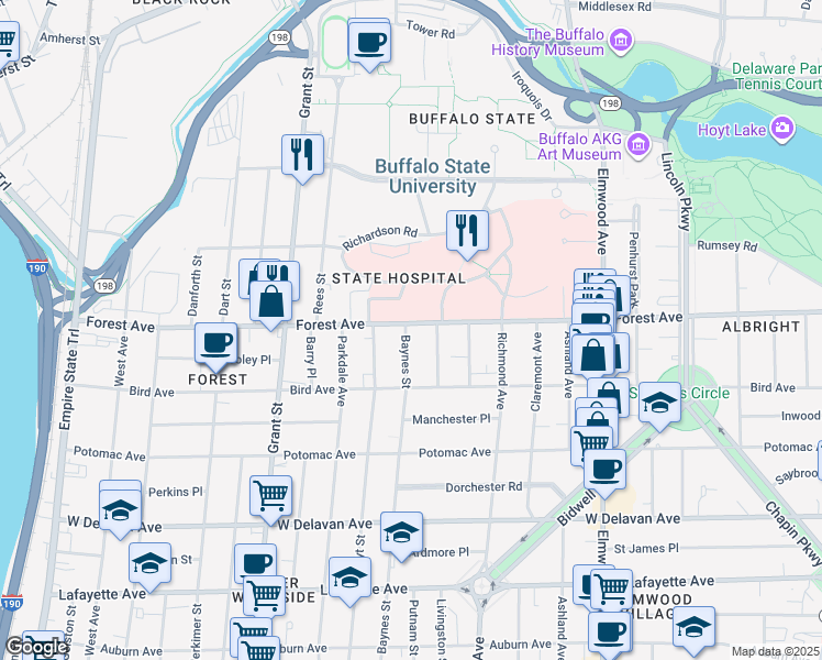 map of restaurants, bars, coffee shops, grocery stores, and more near 426 Baynes Street in Buffalo
