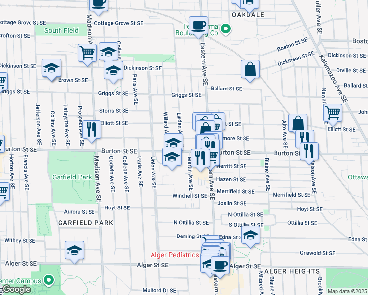map of restaurants, bars, coffee shops, grocery stores, and more near 726 Burton Street Southeast in Grand Rapids