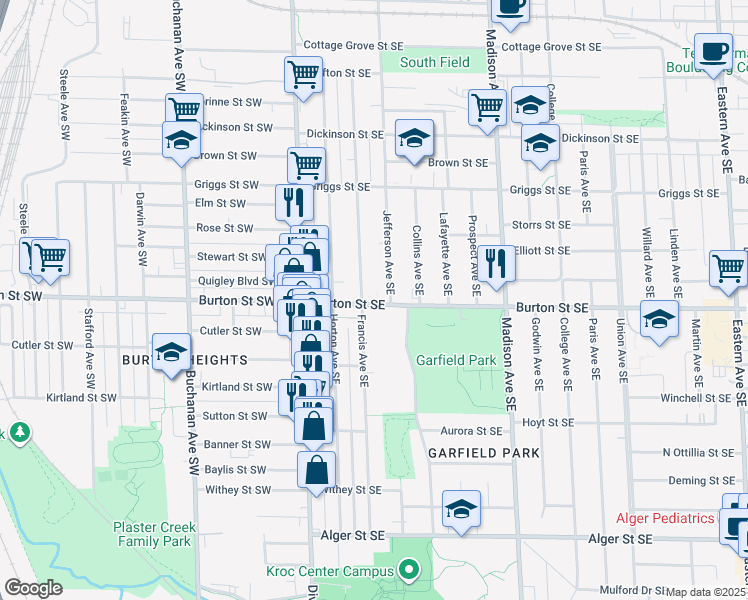 map of restaurants, bars, coffee shops, grocery stores, and more near 148 Burton Street Southwest in Grand Rapids